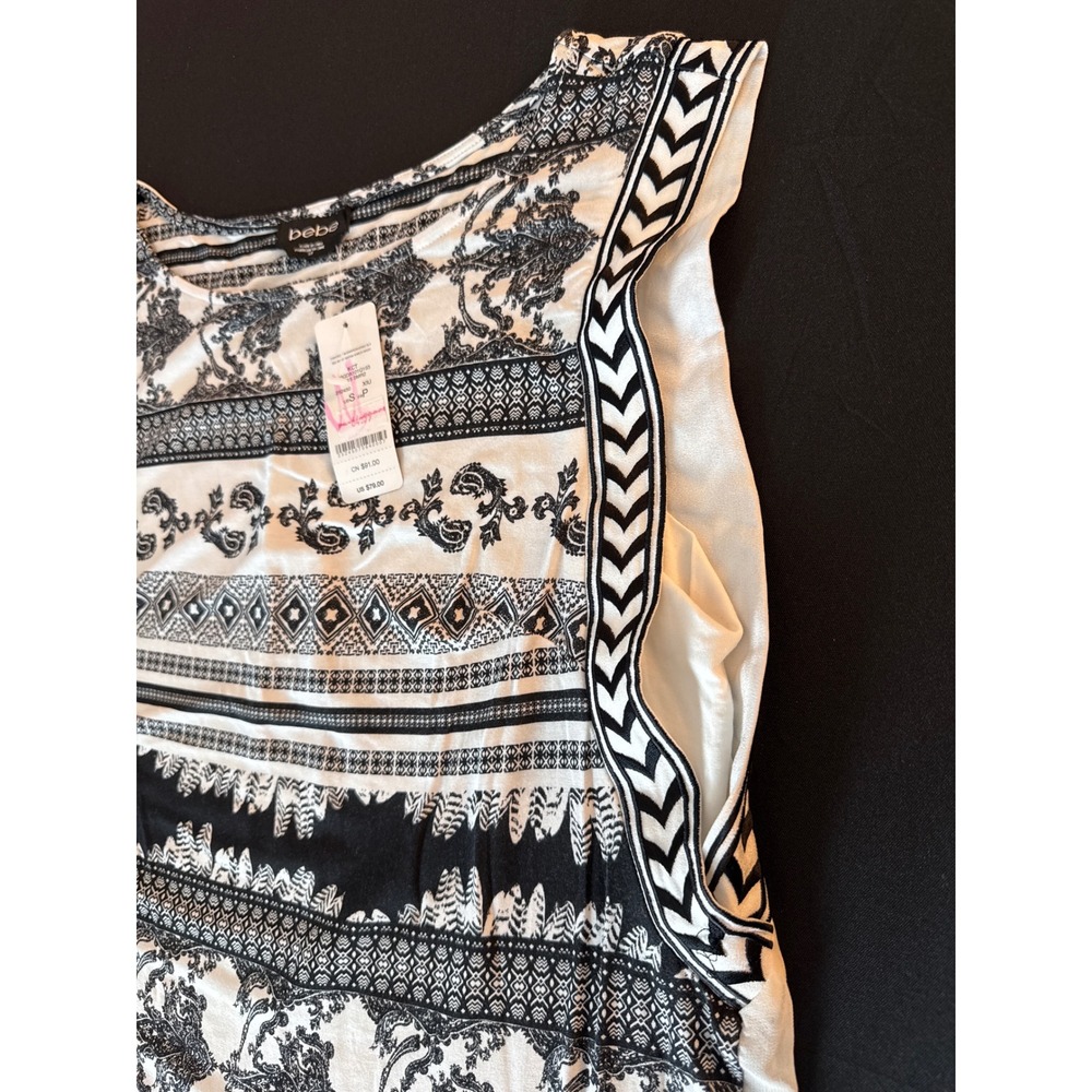 Bebe Womens Sleeveless Mixed Print Blouse Black White Paisley Chevron Small NEW - Picture 11 of 16